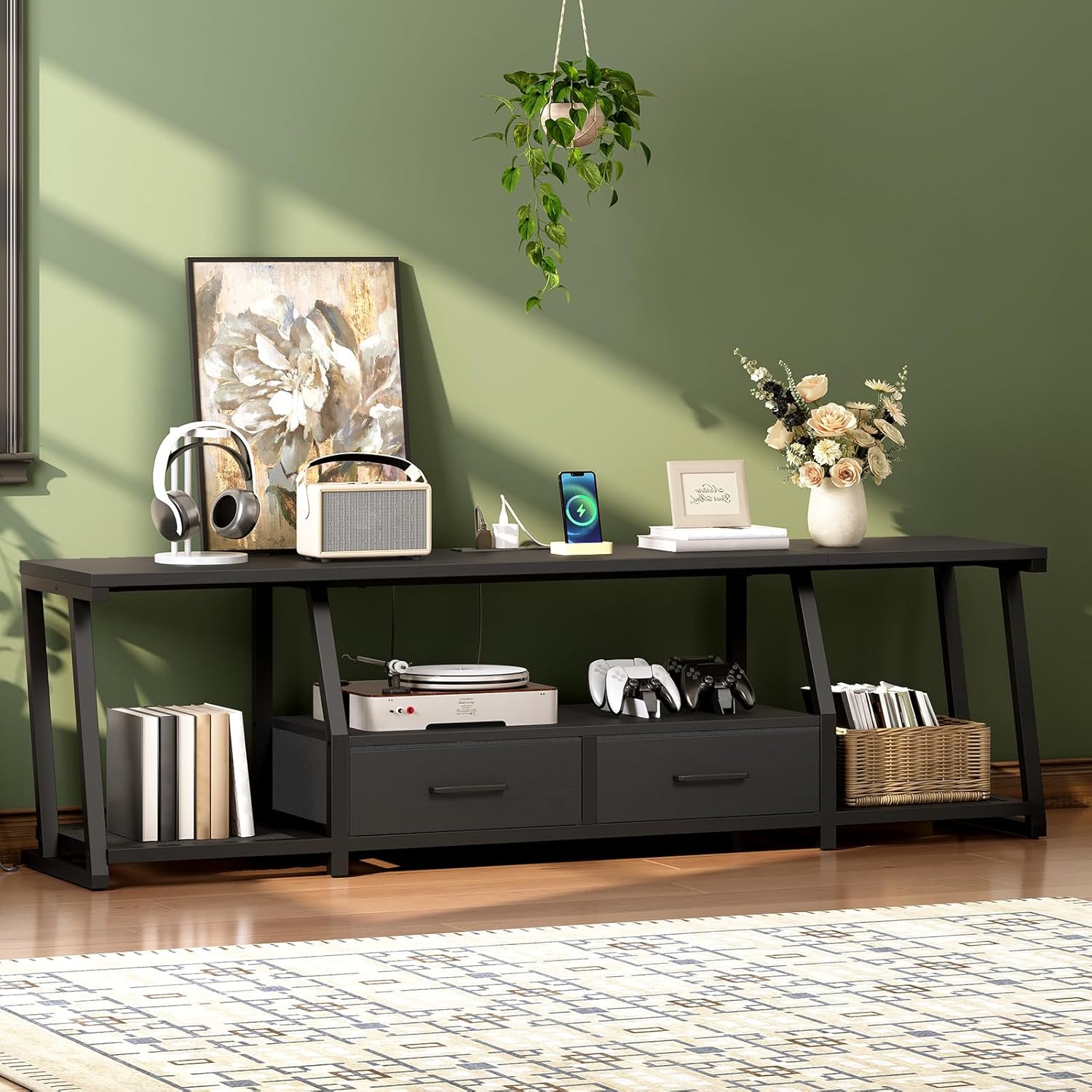 RALGEND LED TV Stand for 80 Inch TV, Entertainment Center with Open Shelves and Power Outlets, TV Console Table with Fabric Drawers, Media Console for Living Room, Bedroom, Black