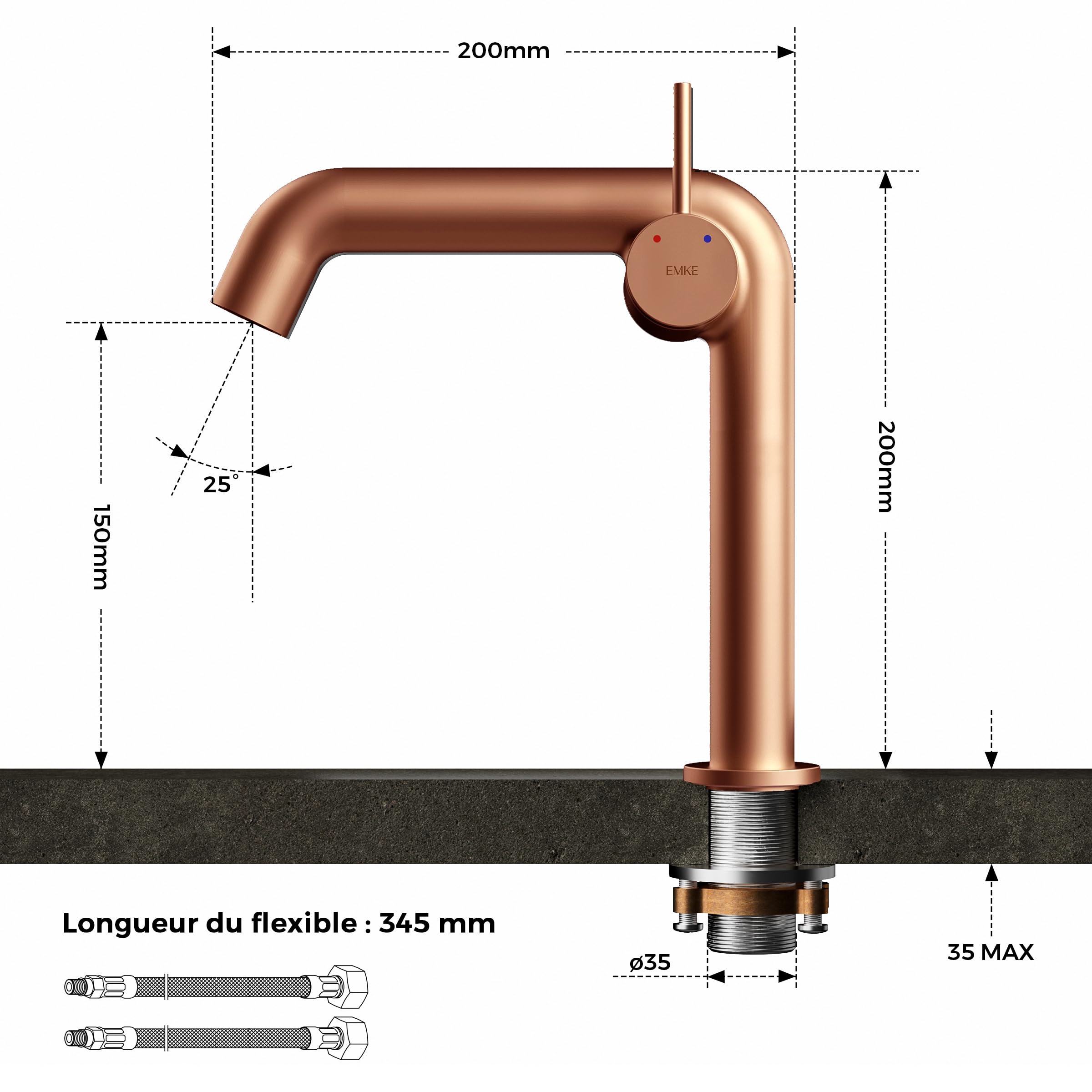 EMKE - Mezclador monomando de latón, oro rosa, 222 x 200 x 76 mm | Grifo de baño,Instalación sencilla,Grifo de lavabo,Cartucho de cerámica