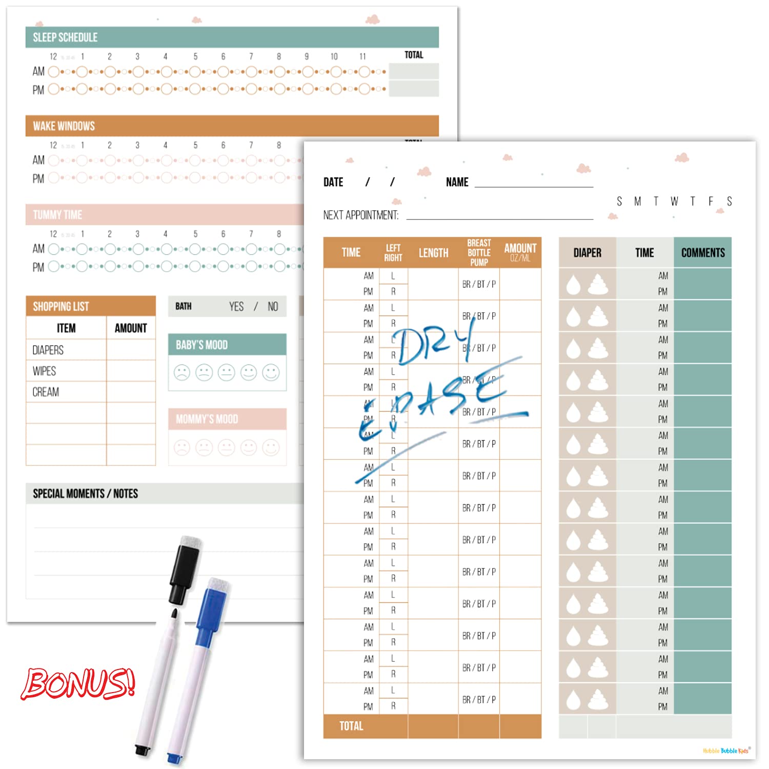 Buy Baby Feeding Schedule Chart and Infant Diaper Tracker 2 Dry Erase