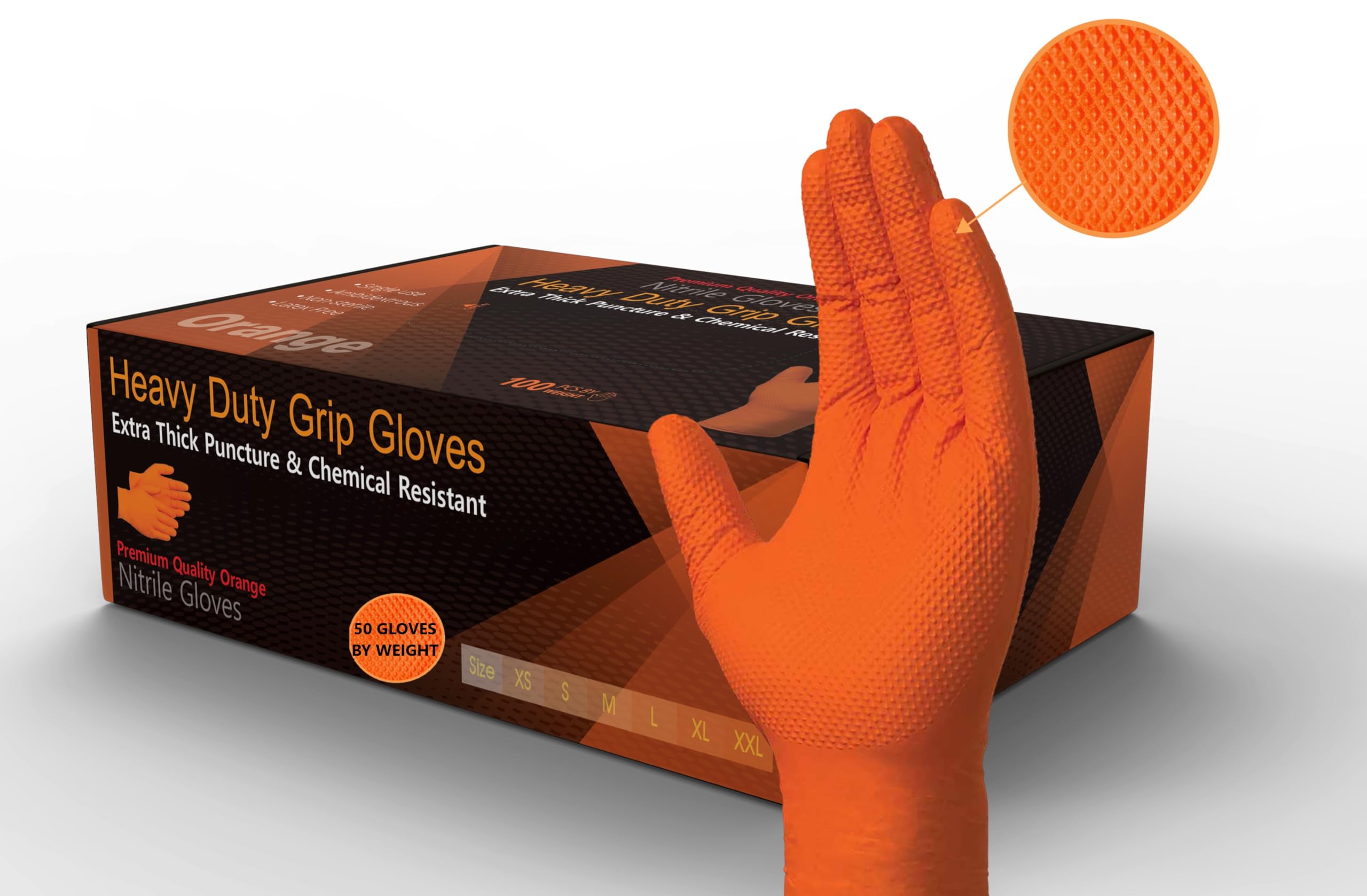 Heavy Duty Super Strong Orange Grip Nitrile Gloves PF 8 mil |Mechanical|Industrial| Engineering|Lab|Food|Cleaning|Plumbing| Gardening, Box of 50 Gloves (Orange, Large)