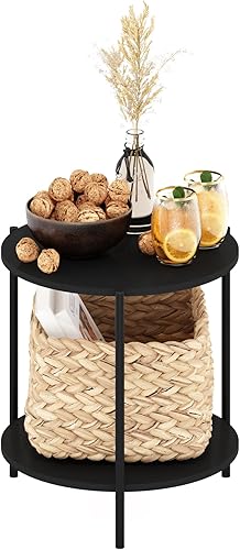 Miniatura 5 de Furinno Besi - Mesa auxiliar redonda moderna de 2 niveles con patas de metal resistentes, 15.55 pulgadas de ancho x 10.58 pulgadas de alto x 5.46