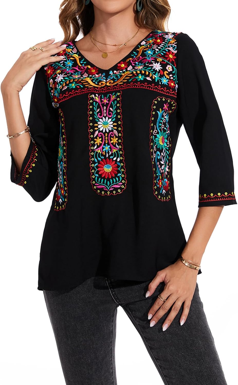 MINTLIMIT Women's 3/4 Sleeve Mexican Shirts Embroidered Tops Floral Boho Peasant Blouse Ethnic Style Casual Loose Tunics - Image 4
