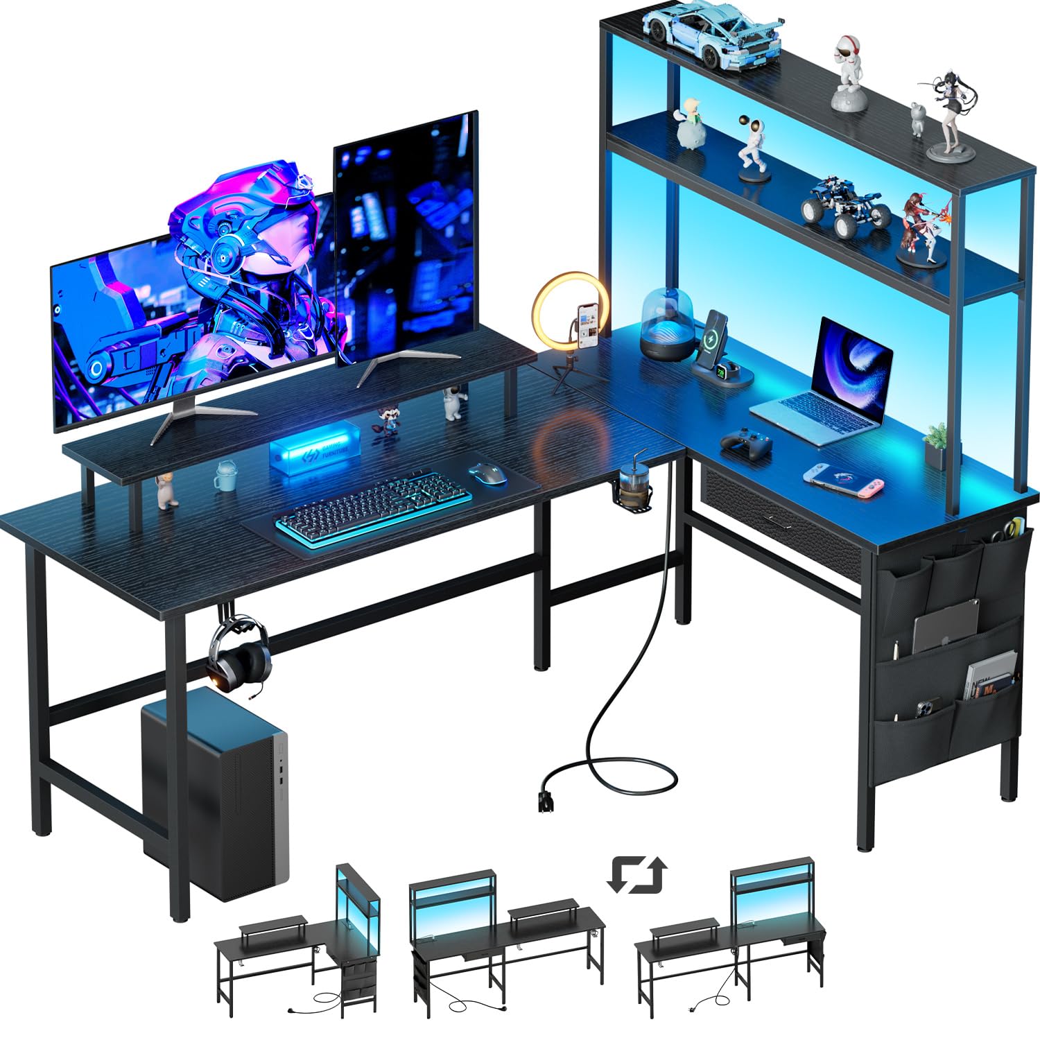 DLONGONE 170 × 100 cm Gaming Desk with LED Lights & Power Outlet, Corner Desk with Storage, Reversible L Shaped Desks with Shelves, Computer Desks with Monitor Stand and Hooks for Home Office, Black — image 1