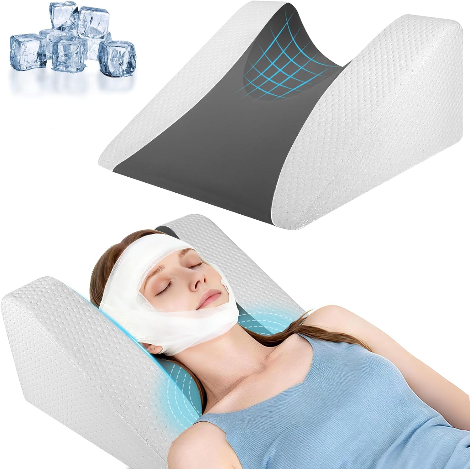 26° Back Sleeping Training Pillow, Facial Surgery Recovery Pillow for Facelift, Hair Transplant, Rhinoplasty, Wrinkle Prevention & GERD, Cooling Fabric & Air Layer Fabric, Anti-Slip
