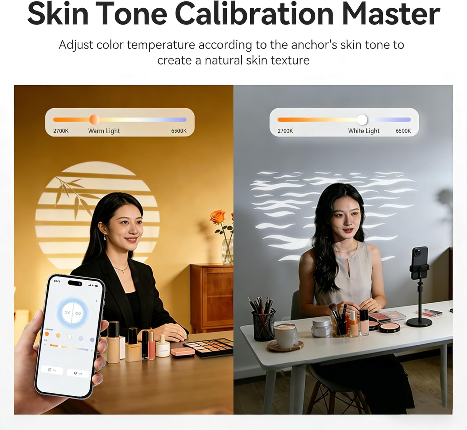 Simulated Window GOBO Shadow Projector Lamp with 24 Patterns, Bluetooth APP Control, Stepless Dimming & Anti-Flicker for Live Stream Background, Studio Photography & Home Ambient Lighting