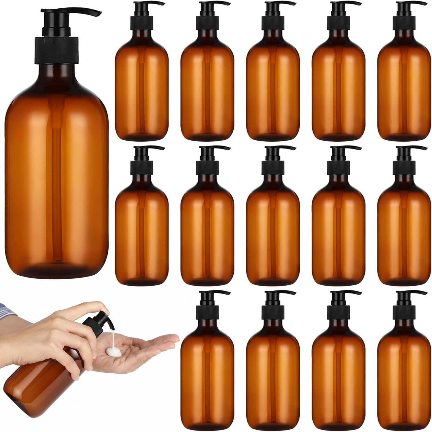 15 Pcs Amber Soap Dispenser - 16.9 oz Empty Plastic Pump Bottles, Refillable Shampoo Dispenser, Reusable Containers for Lotion, Body Wash & Dish Soap, Ideal for Bathroom, Kitchen & Travel Use