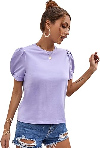 Miniatura 4 de SweatyRocks Camiseta de verano de manga corta abombada para mujer, cuello redondo