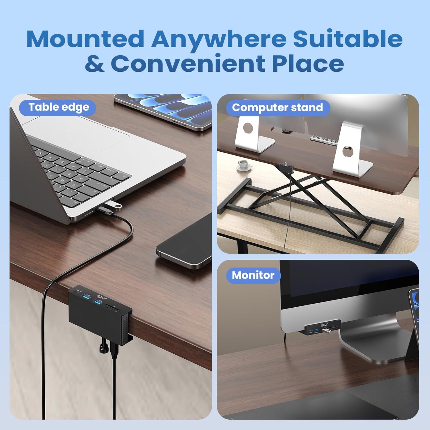 EJAY Aluminum Clamp USB 3.0 Hub, 5-in-1 Desk Mount Docking Station with SD/TF Card Reader, 5Gbps USB Port Expander with 59" Long Cable for MacBook, iMac, Laptop, PC, Studio, Black
