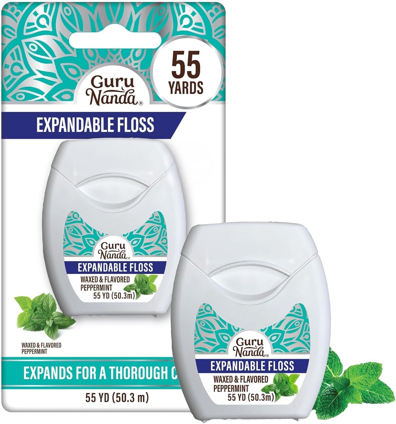 GuruNanda Expandable Waxed Dental Floss for Gentle, Deep Cleaning Wide Teeth Flossing - Peppermint Flavor - 55 Yards, 1 Count