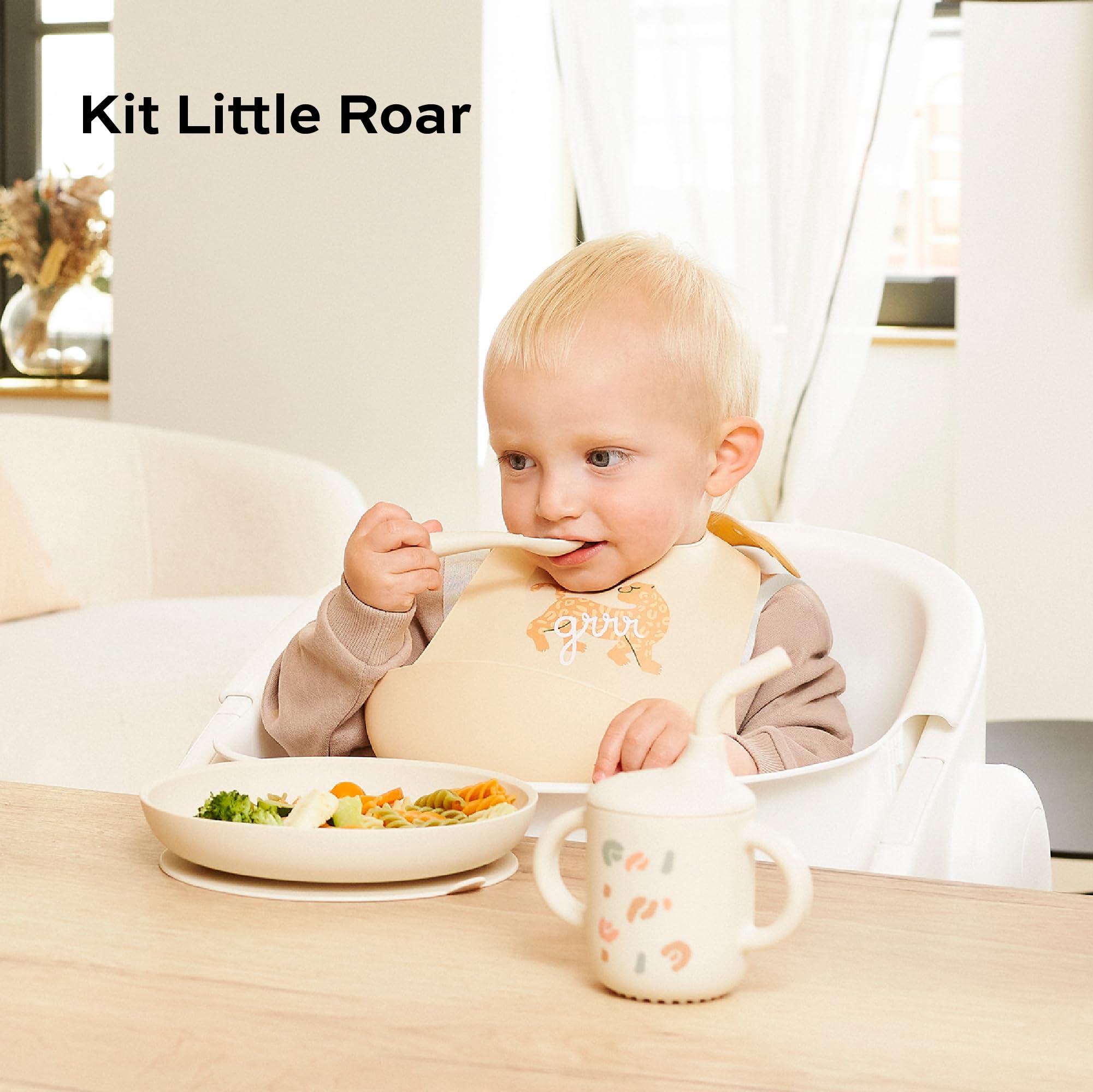Babymoov Coffret Repas Bébé Comme Un Grand - Dès 9 Mois - Assiette Bébé, 1 Cuillère, Gobelet Bebe - Vaisselle Bébé Diversification Alimentaire - Développé avec Ergothérapeute, Little Roar