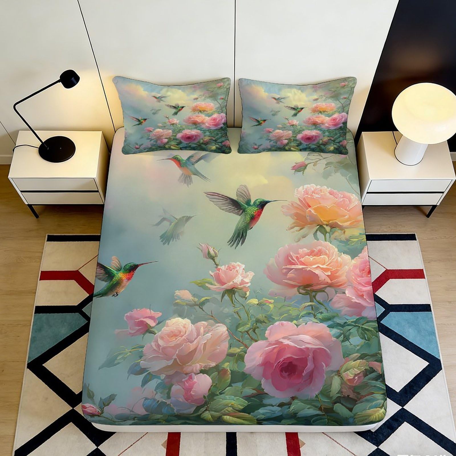3D Printed Hummingbird Floral Fitted Sheet Microfiber Soft Pink Peony Bed Cover for Bedroom Guest Room Mattress Protection 90x200x25cm