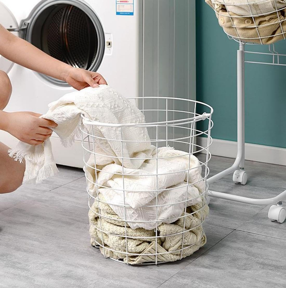 3 Tiers Laundry Hamper with 3 Removable Baskets, Standing Laundry Basket with Wheels Mobile Laundry Cart White for Bathroom Closet