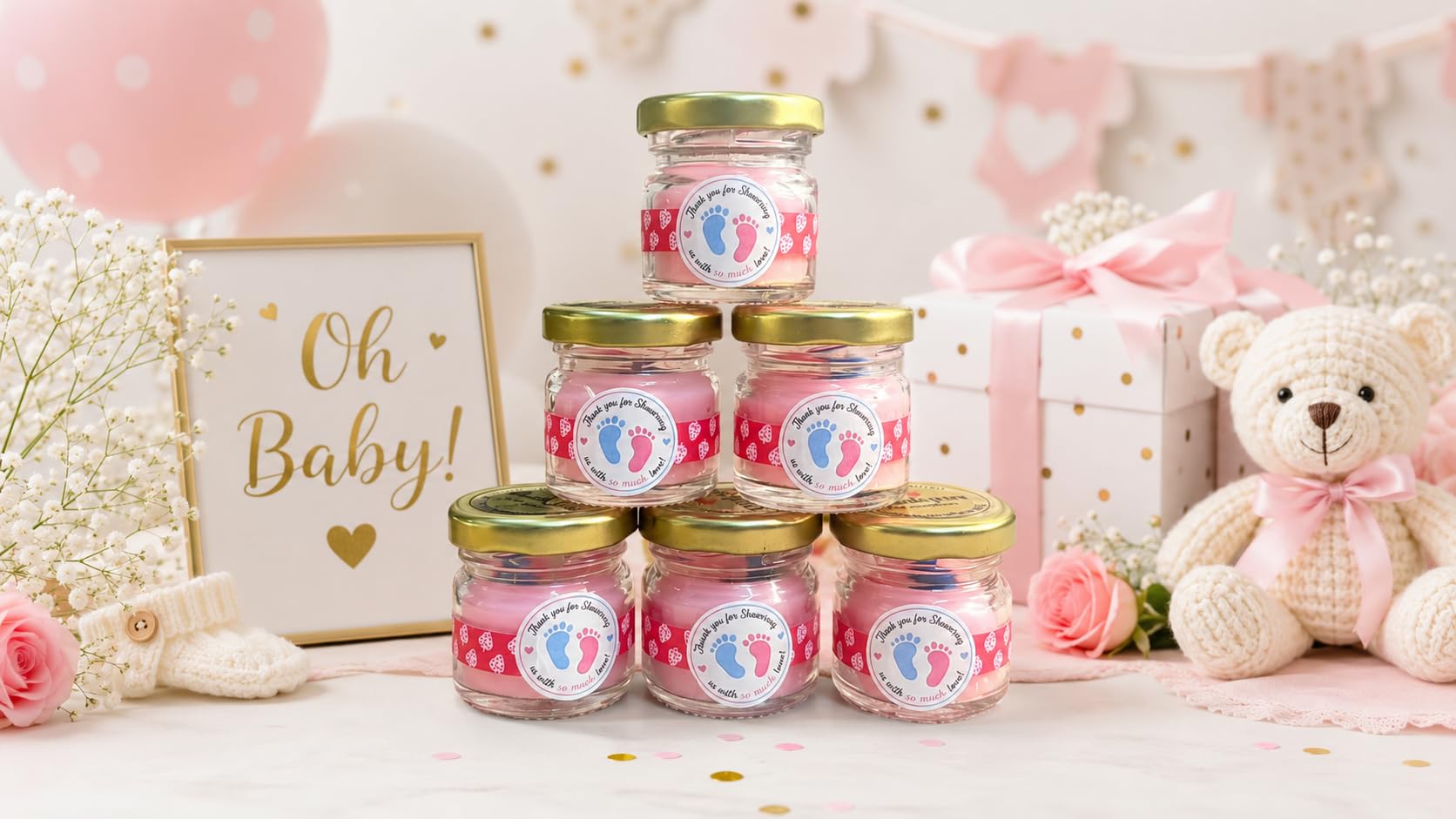 Saanjhura Baby Shower Candle Favours in Glass Jar, Pink- Pack of 06 | Thank You Label, Gold Lid Jar, Clear Gift Box, Footprint Design, Party Return Gifts-image-35