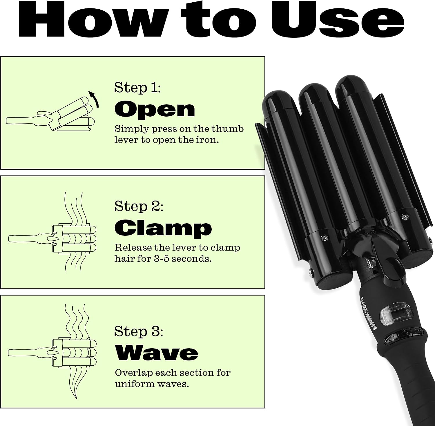 Trademark Beauty Three Barrel Hair Waver, Curling Iron, 1.1 Inch, Beach Waves, Adjustable Temperature Hair Curler, Babe Waves Limited Edition - Black