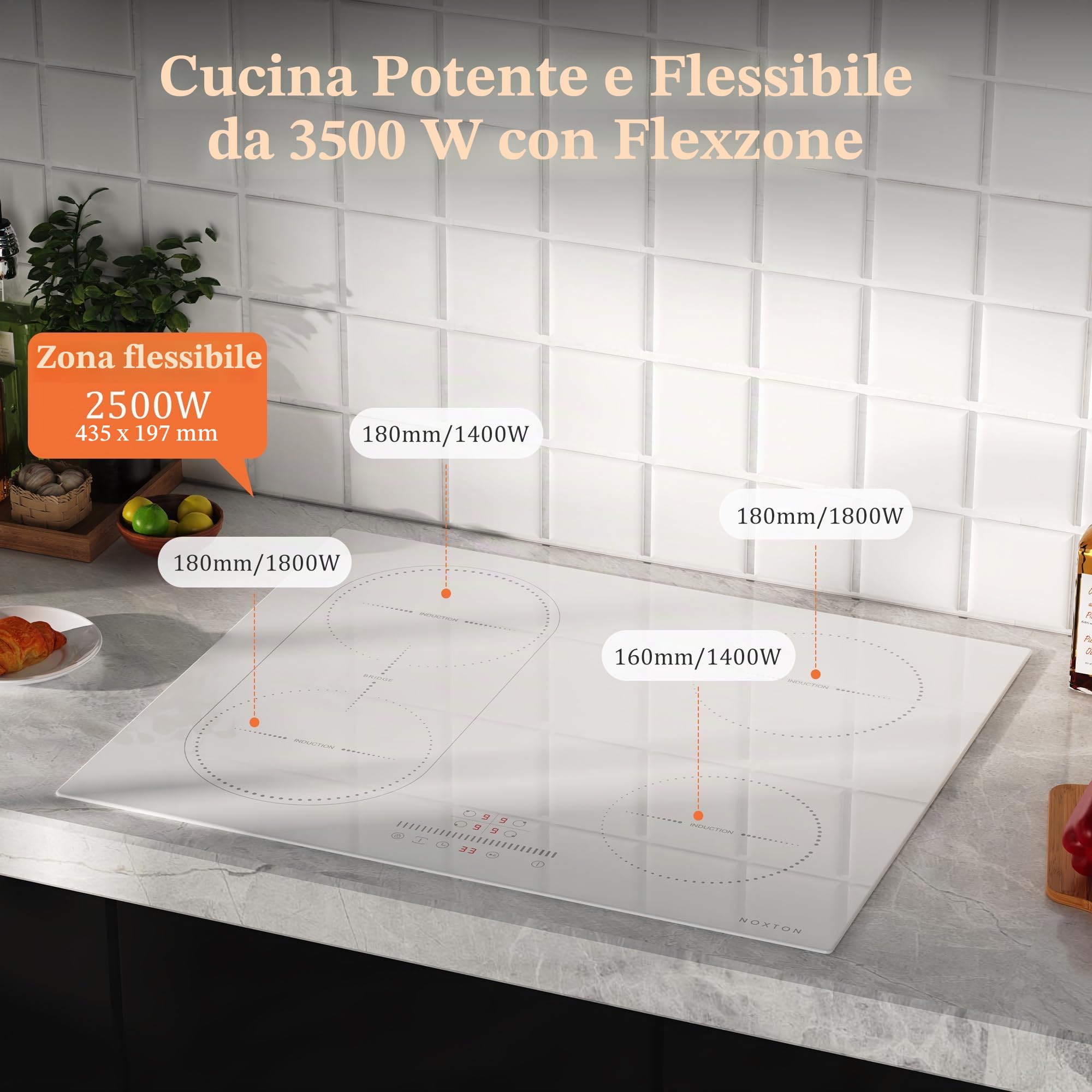 NOXTON Piastra a induzione bianca, 4 fuochi, 60 cm, zona flessibile | Funzione Boost, comandi scorrevoli, funzione di isolamento termico, cronometro, 60 cm, 3500 W, con spina