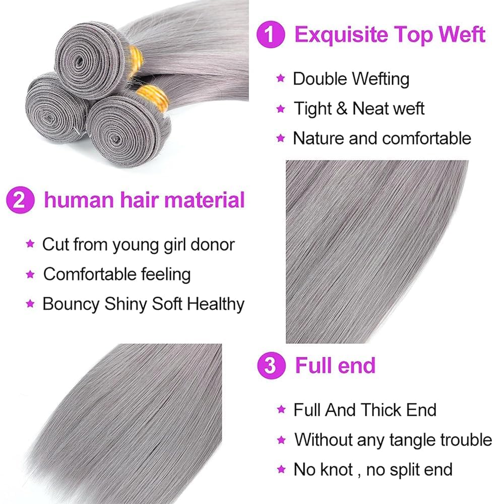Grey Straight Human Hair Bundles 8A Unprocessed Brazilian Virgin Hair Extensions for Quick Weave 3 Bundles 300g，26 28 30 Inch