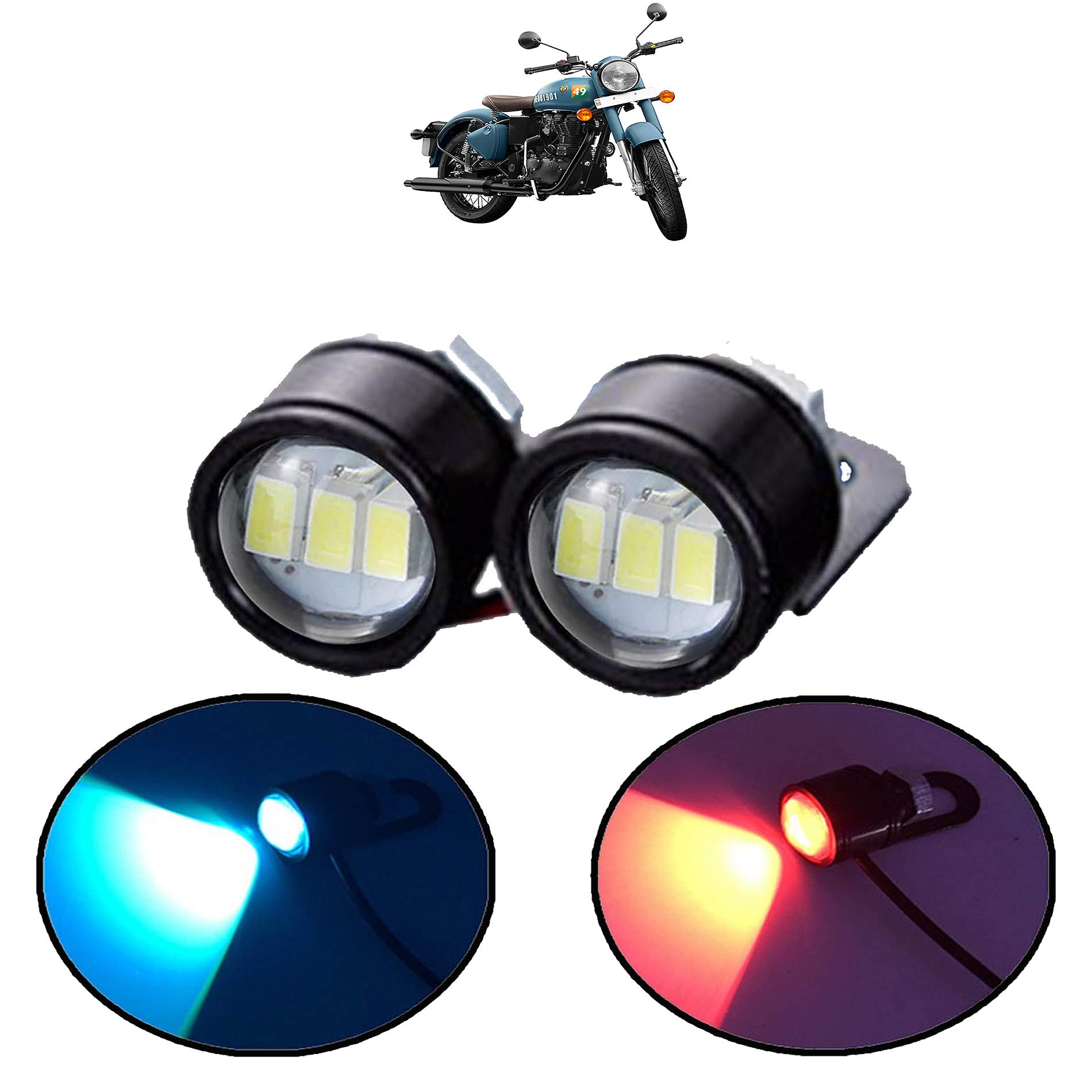 Vagary 2Pcs Blue-Red Eagle Eye LED Strobe Light Lamp Daytime Running Light for Royal Enfield Classic 350 Signals-image-33