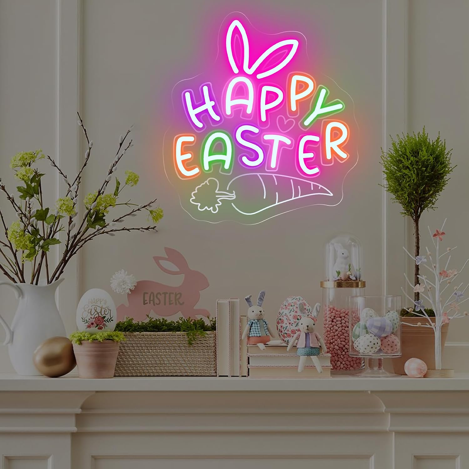 Happy Easter Neon Sign, 12.8″ x 11.8″ Colorful Bunny Ears with Carrot LED Wall Light for Easter Party, Bedroom, Living Room, Kids Room, Holiday Decor