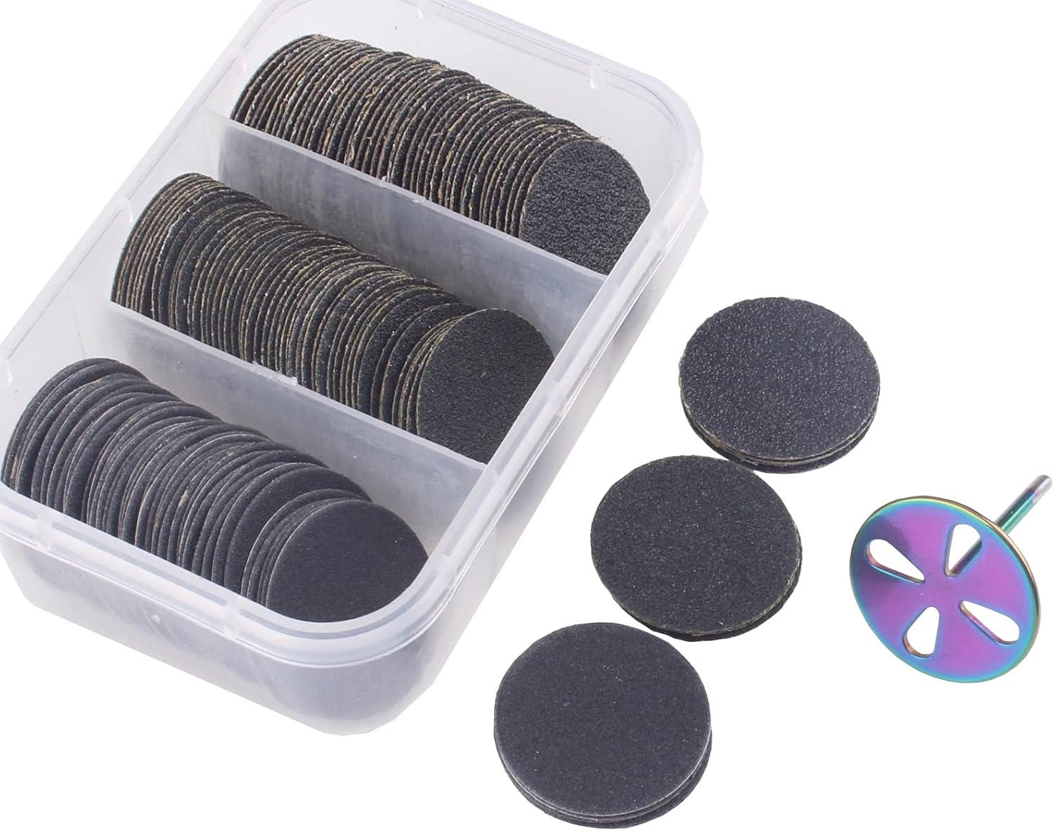100pcs Sandpaper Disc and 1pcs Metal Nail Bit, #150 Grit(Medium) | 3/32 Shank Pedicure Sanding Disc Bit for Dead Skin Callus, Electric Foot File for Nail Drill