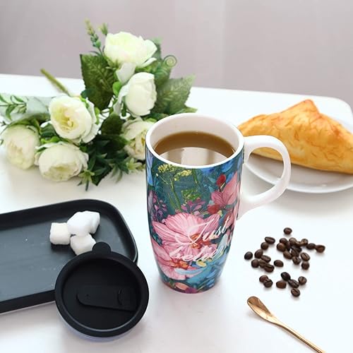 Miniatura 2 de Taza de café de cerámica Topadorn de 17 onzas, taza alta de cerámica con tapa y caja de color, perfecta para café y té, solo cree