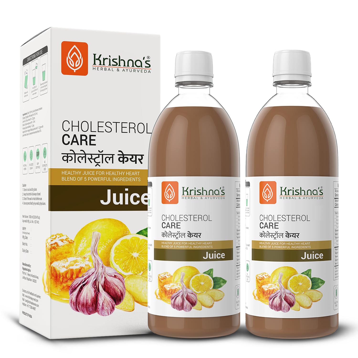 Cholesterol Care Juice - 1000 Ml (Pack Of 2) | Contains Honey With Apple Cider Ginger Garlic, Sugar Free, Helps In Digestion And Immunity