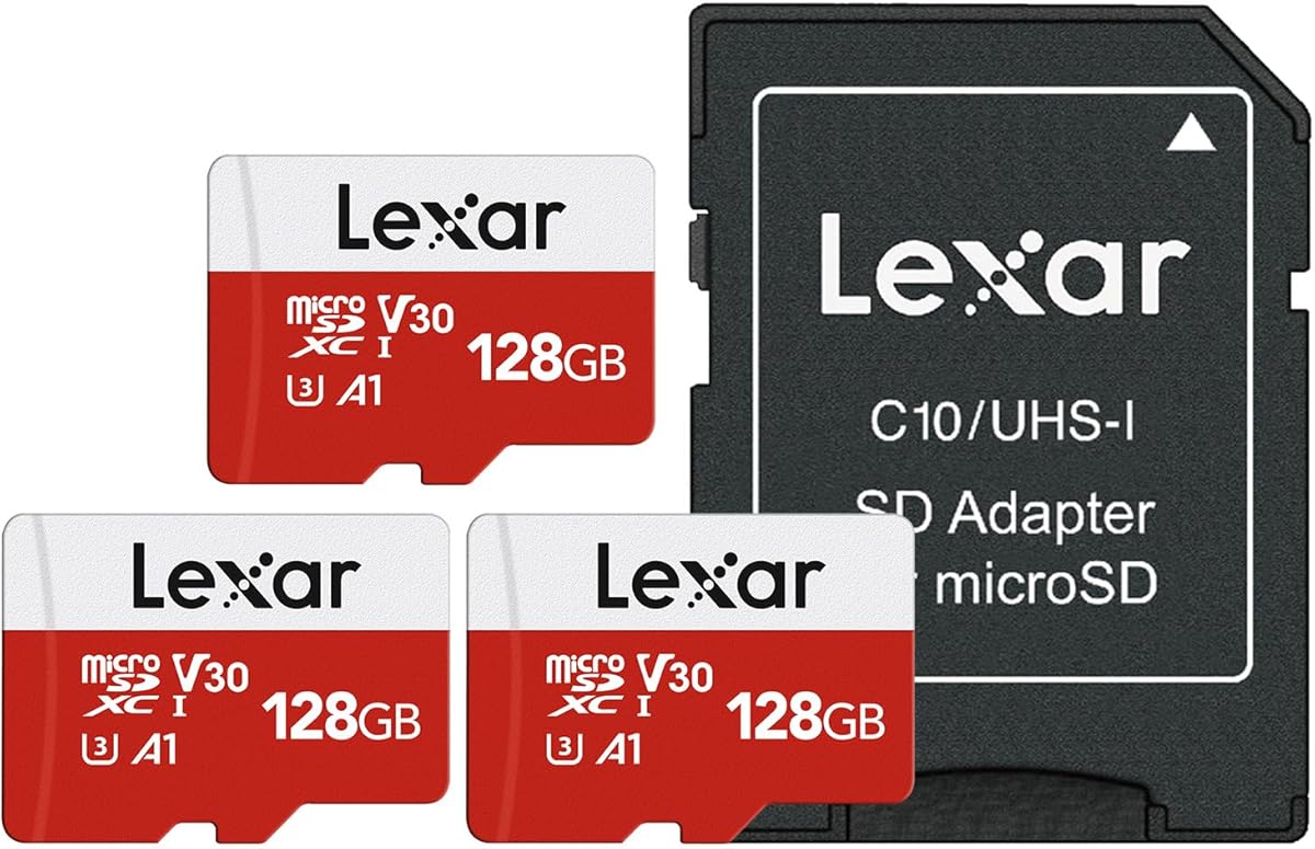 Lexar E-Series 128GB Micro SD Card 3 Pack, microSDXC UHS-I Flash Memory Card with Adapter, 100MB/s, C10, U3, A1, V30, Full HD, 4K UHD, High Speed TF Card