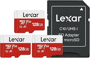 Lexar E-Series 128GB Micro SD Card 3 Pack, microSDXC UHS-I Flash Memory Card with Adapter, 100MB/s, C10, U3, A1, V30, Full HD, 4K UHD, High Speed TF Card