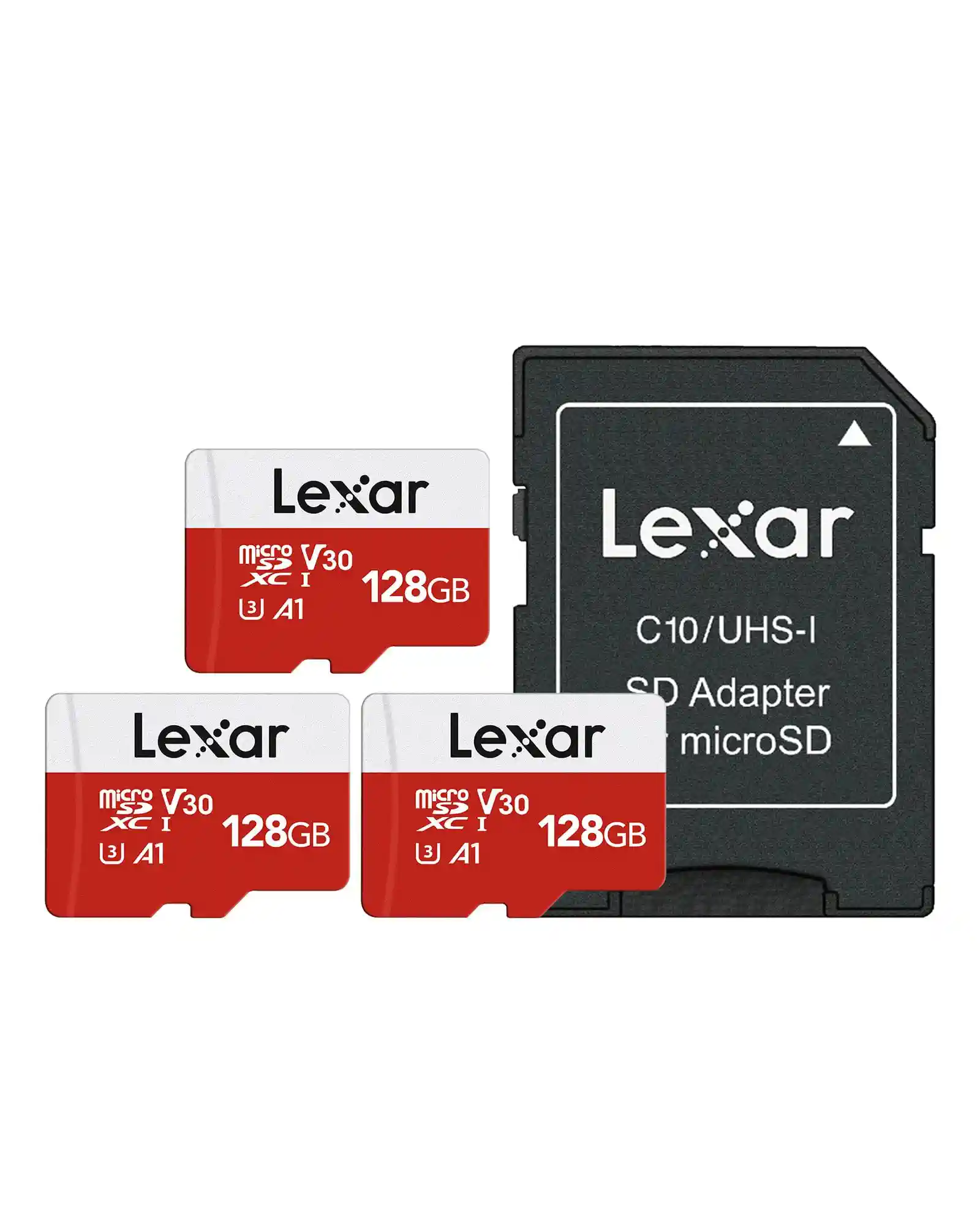 Lexar Micro SD Karte 128GB 3er Pack, Speicherkarte Micro SD mit Adapter, Bis zu 100 MB/s Lesegeschwindigkeit, UHS-I, U3, A1, V30, C10, 4K UHD microsdxc SD Karte für Kamera, Smartphone