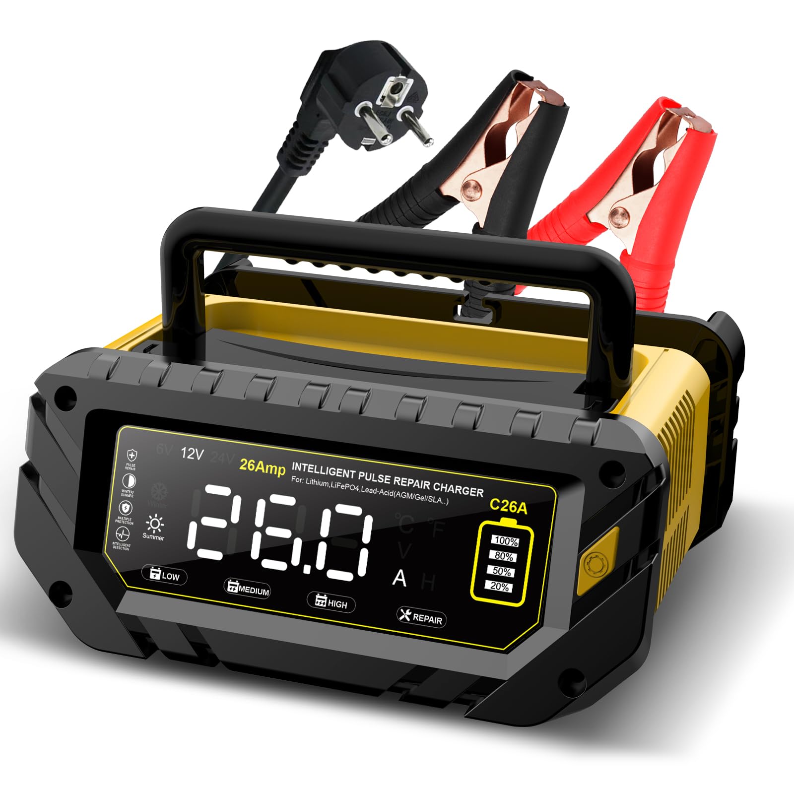 Haistio Chargeur de batterie de voiture 26 A 6 V/12 V/24 V avec écran