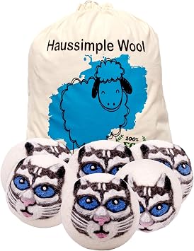 Wool Dryer Balls 6-Pack 100% Natural New Zealand Wool, Handmade in Nepal Reusable Laundry Balls, Faster Drying, Softer Clothes, Anti-Static, Dryer Sheets Alternative Gray Cat