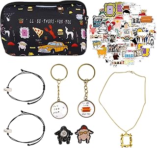 58 Pack Friends Makeup Bag Sets Friends TV Show Merchandise Cosmetic Bag Friends TV Show Gifts Makeup Travel Bag Friends Necklace & Bracelet, Friends Keychain & Earrings, Friends Stickers