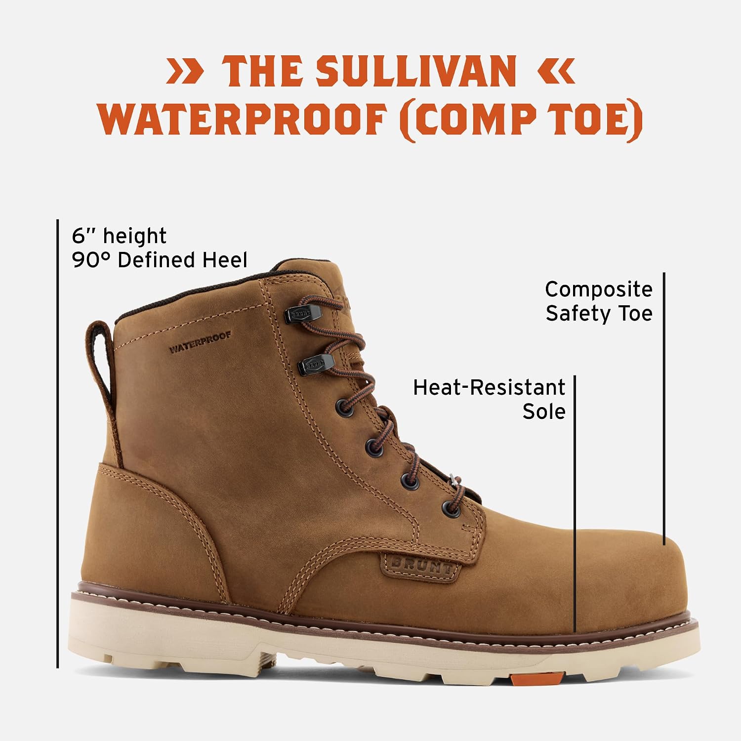BRUNT Sullivan (Comp Toe) - 6" Waterproof Composite Toe Work Boot - EH Rated - Slip + Oil Resistant - Heat-Resistant Sole - 90-Degree Heel - Adjustable