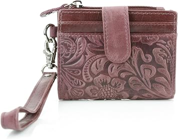 American Bison Small Fold-Over Wristlet Wallet for Women Floral Embossed Filigree Clutch with Snap Closure, Zip Coin Pocket, Card Slots & ID Window Purple