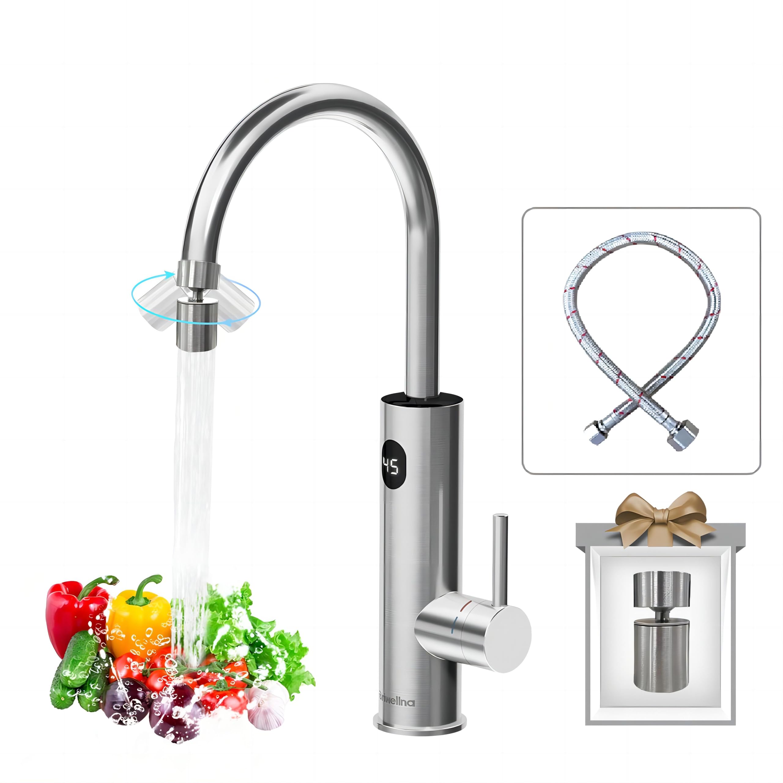 Grifo eléctrico con calentador de agua (220 V, rotación de 360° y pantalla digital, grifo de agua caliente con boquilla universal (plata)