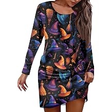Womens Halloween Print Long Sleeve Round Neck Mini Dress Knotted Waist Bodycon Chic Relaxed Comfy Party Costume