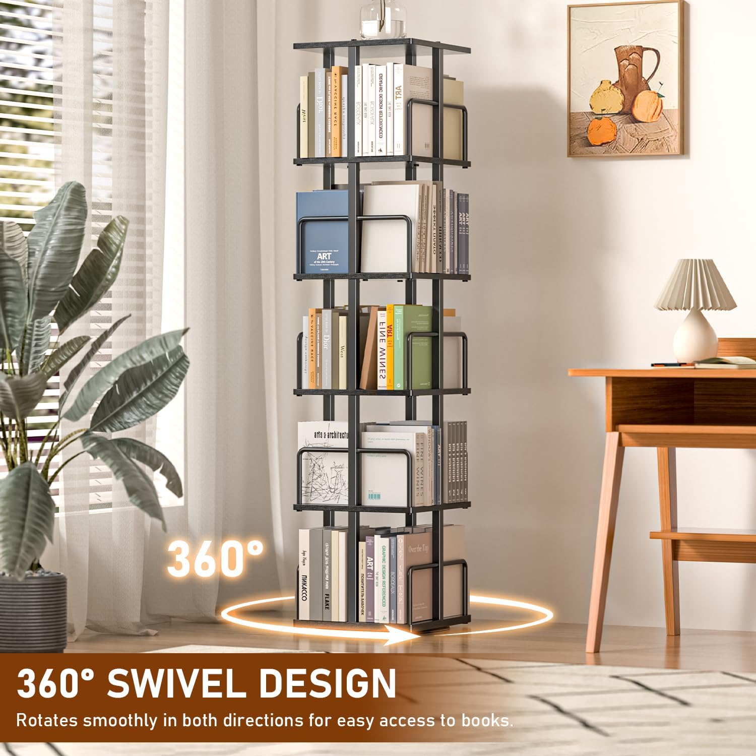 5-Tier Rotating Bookshelf, 360° Spinning Corner Bookcase with Metal Guardrails, Freestanding Industrial Book Shelf Tower, Space Saving Display Rack for Living Room, Bedroom, Home Office, Rustic Brown