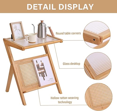 Miniatura 4 de LITA Mesa auxiliar de ratán, mesa auxiliar de mediados de siglo, moderna mesa de noche de bambú con estante para revistero, mesa de madera bohemia