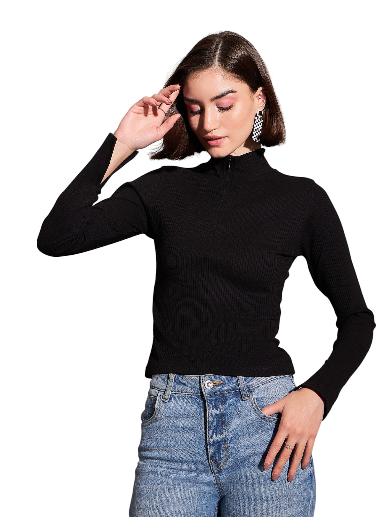 sassafras Women Rib High Neck Front Zipper Top-picture-20