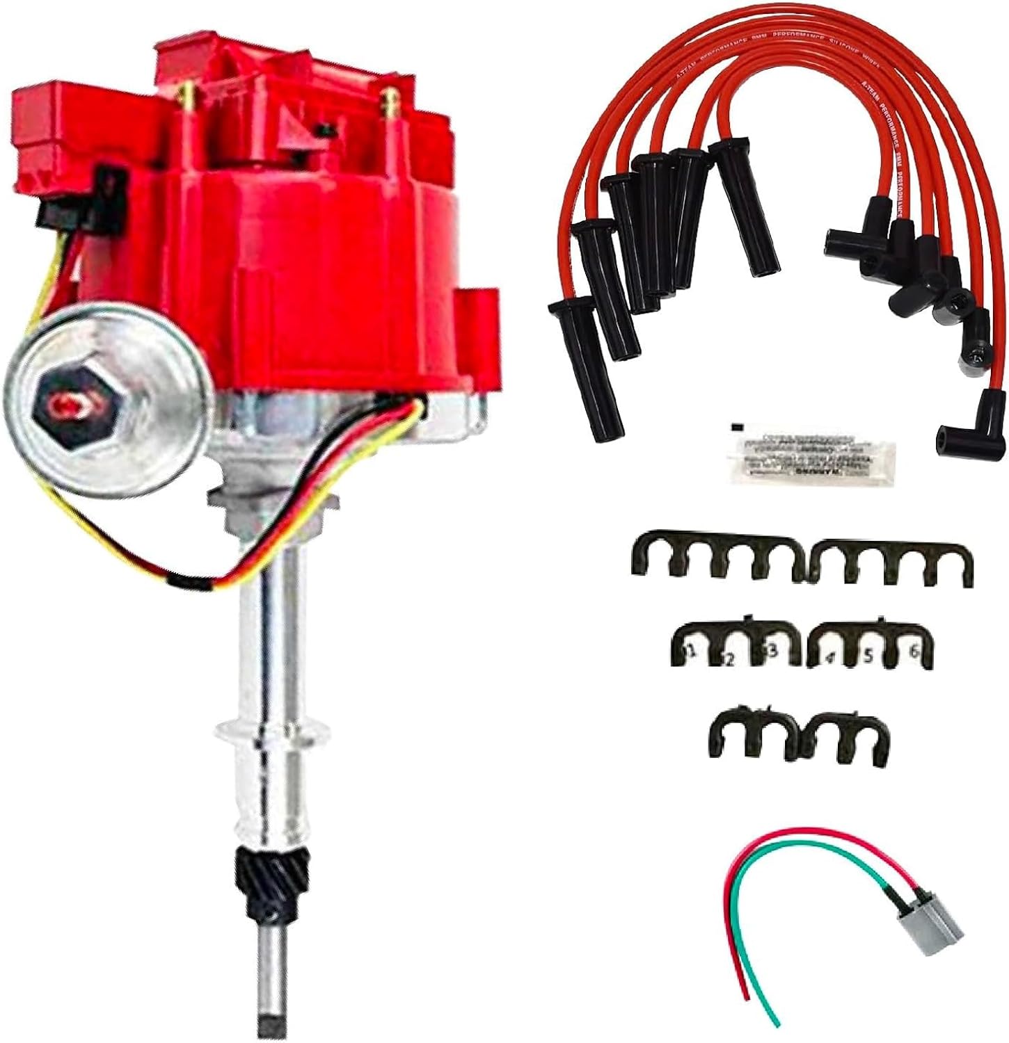 A-Team Performance HEI Distributor Kit with Silicone Spark Plug Wires - Red 65kV Coil, 7,500 RPM - Pigtail Wire Harness - Compatible with Chevrolet, GM & GMC Truck Inline-6 Engines (230/250/292)