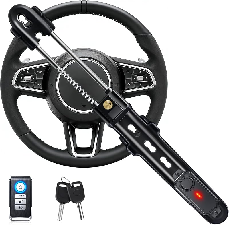 Bloqueo del volante del automóvil con alarma fuerte de 113 dB, 2 llaves + antirrobo remoto inalámbrico, bloqueo del volante ajustable de ajuste universal, para automóviles, SUV, camiones, dispositivo de seguridad antipalanca para vehículos