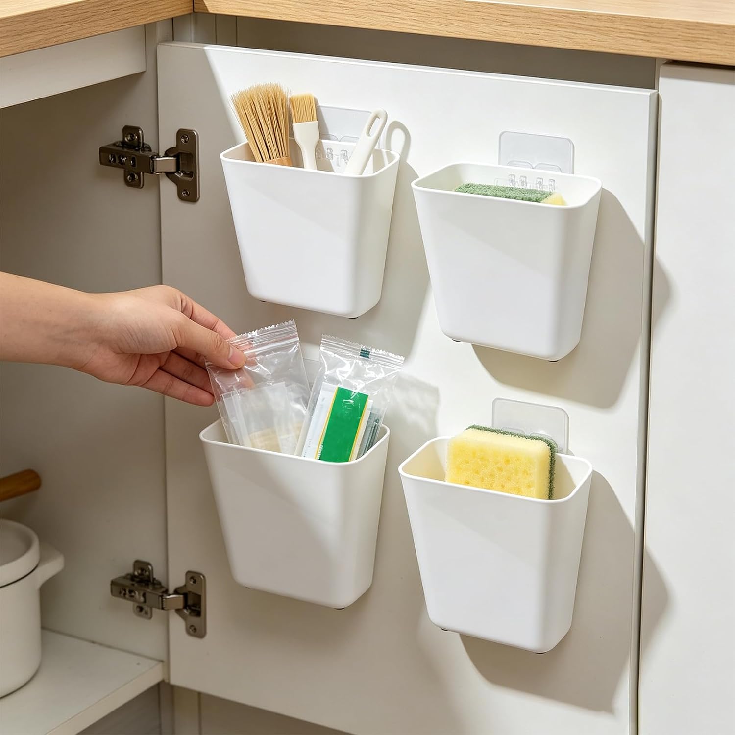 4 Pack White Kitchen Cabinet Door Storage Box Self Adhesive Wall Mounted Storage Bins No Drilling Organizer for Kitchen Bathroom Wardrobe Refrigerator and Under Sink Sundries Organization