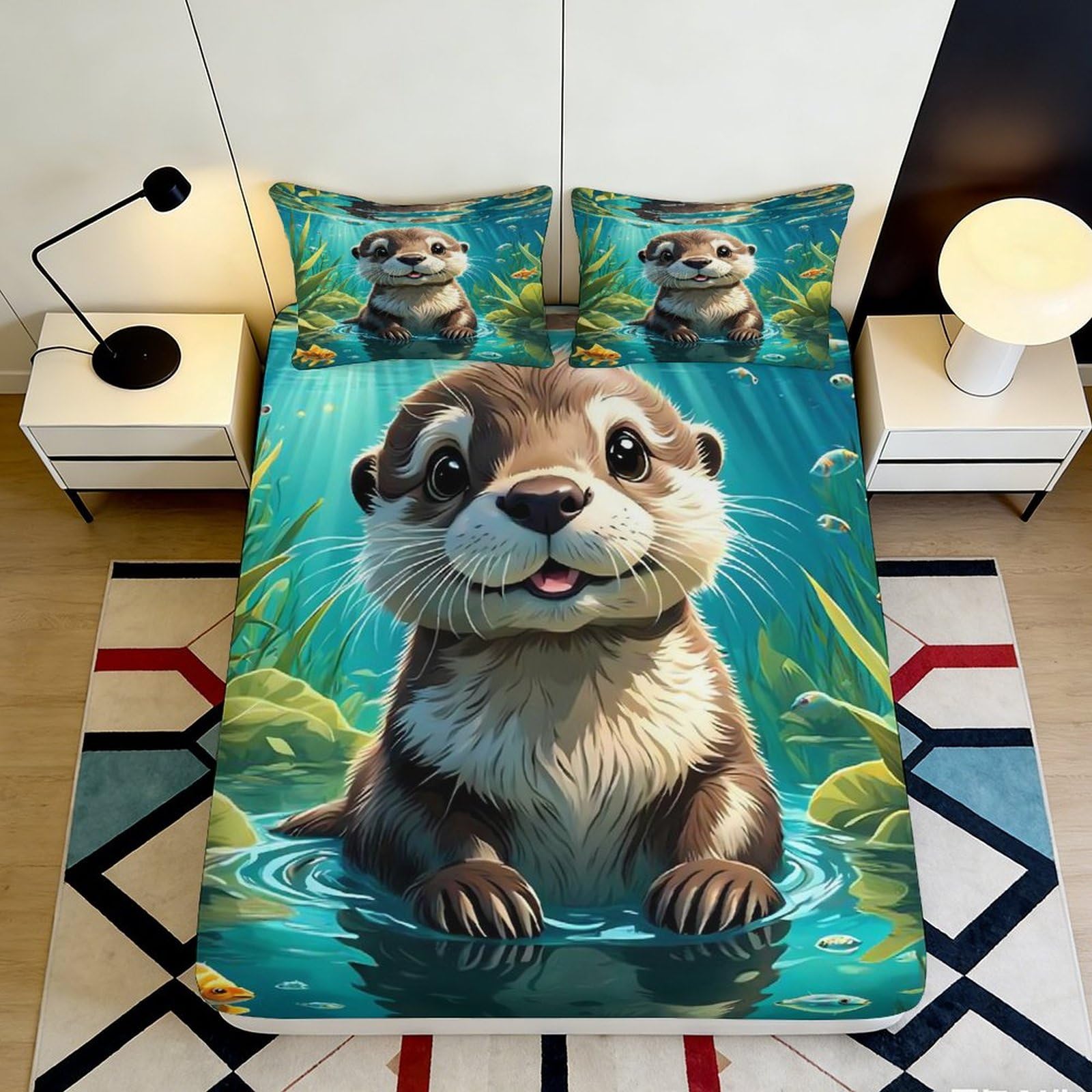Pnayamiorkfel Style-2 3D Printed Cute Otter Fitted Sheet Microfiber Blue Water Cartoon Bed Cover For Bedroom Guest Room Mattress Decor 90X200x25cm