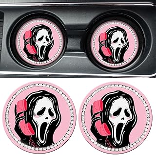 Scream Ghost Cup Coasters for Car, Scream Skull Car Cup Holder Insert Coasters Silicone Non-Slip Bling Rhinestone Cute Car Interior Accessories for Women Girly Gifts