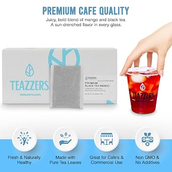 Teazzers Premium Mango Black Tea Bags Great for Foodservice Commercial Ice Tea Brewers | Unsweetened USA-Made Bulk Tea for Restaurants, Cafes & Home Brewing (3 Ounce, 32 Count)
