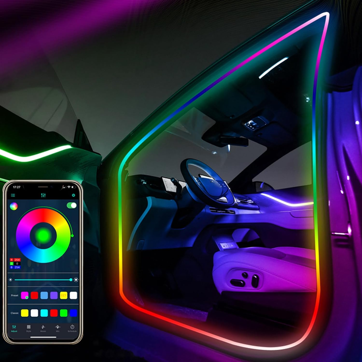 Car Door Ambient Lights, 2pcs LED Interior Atmosphere Light Strip Kit Universal Fit for Most Cars, APP Control RGB Color Changing, Easy Installation