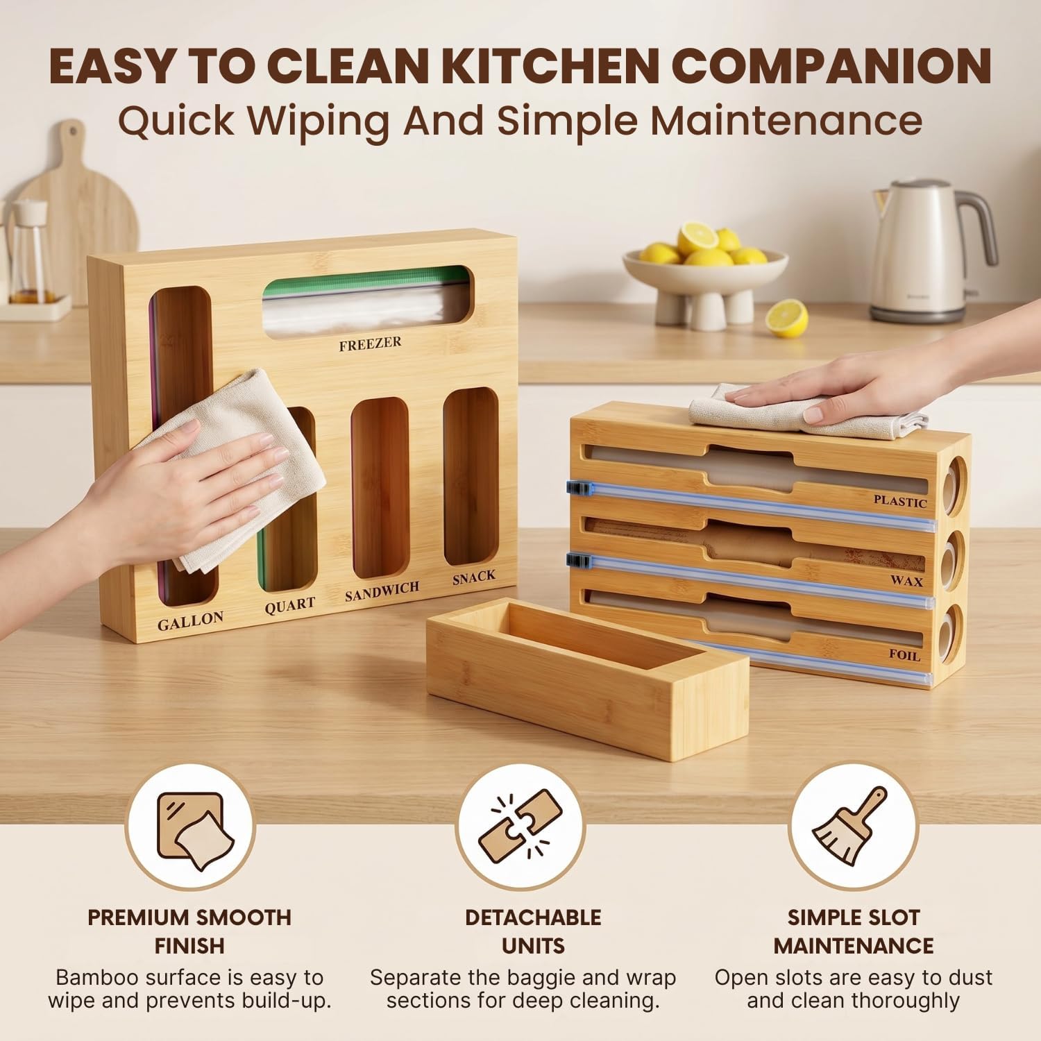 9 in 1 Storage Bag Organizer for Kitchen Drawer, Bamboo Foil and Plastic Wrap with Cutter, Ziplock Bag Organizer for Quart, Gallon, Sandwich & Snack Bags - Aluminum Foil Organizer