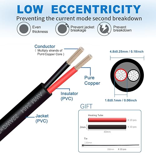 Miniatura 8 de Cable eléctrico de calibre 14, 2 conductores, 100 pies, 142, cable de extensión UL2464 DC5V12V24V300V 14AWG trenzado de cobre puro de bajo voltaje