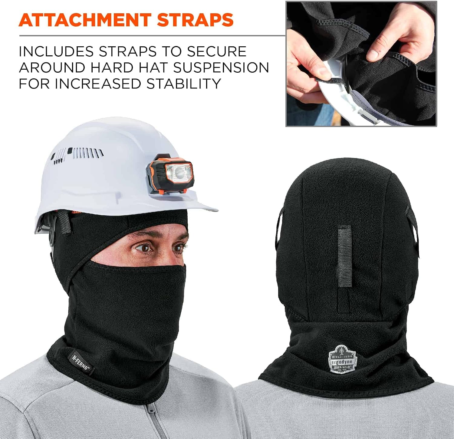 Balaclava, Detachable Top and Bottom, Straps To Attach To Hard Hat, Winter Face Mask, Ergodyne N-Ferno 6826,Black