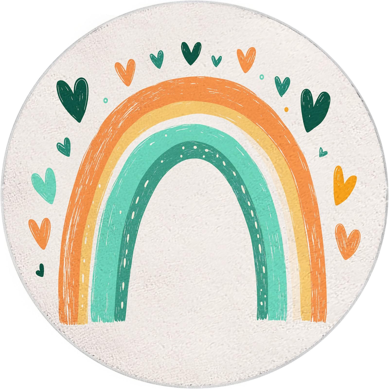 Générique Beige Tapis Rond Lavable en Machine 100 cm, Dessiné À La Main Bohème Arc en Ciel - Tapis Rond imprimé antidérapant à Poils Courts pour Salon, Chambre d'enfant, décoration de Chambre