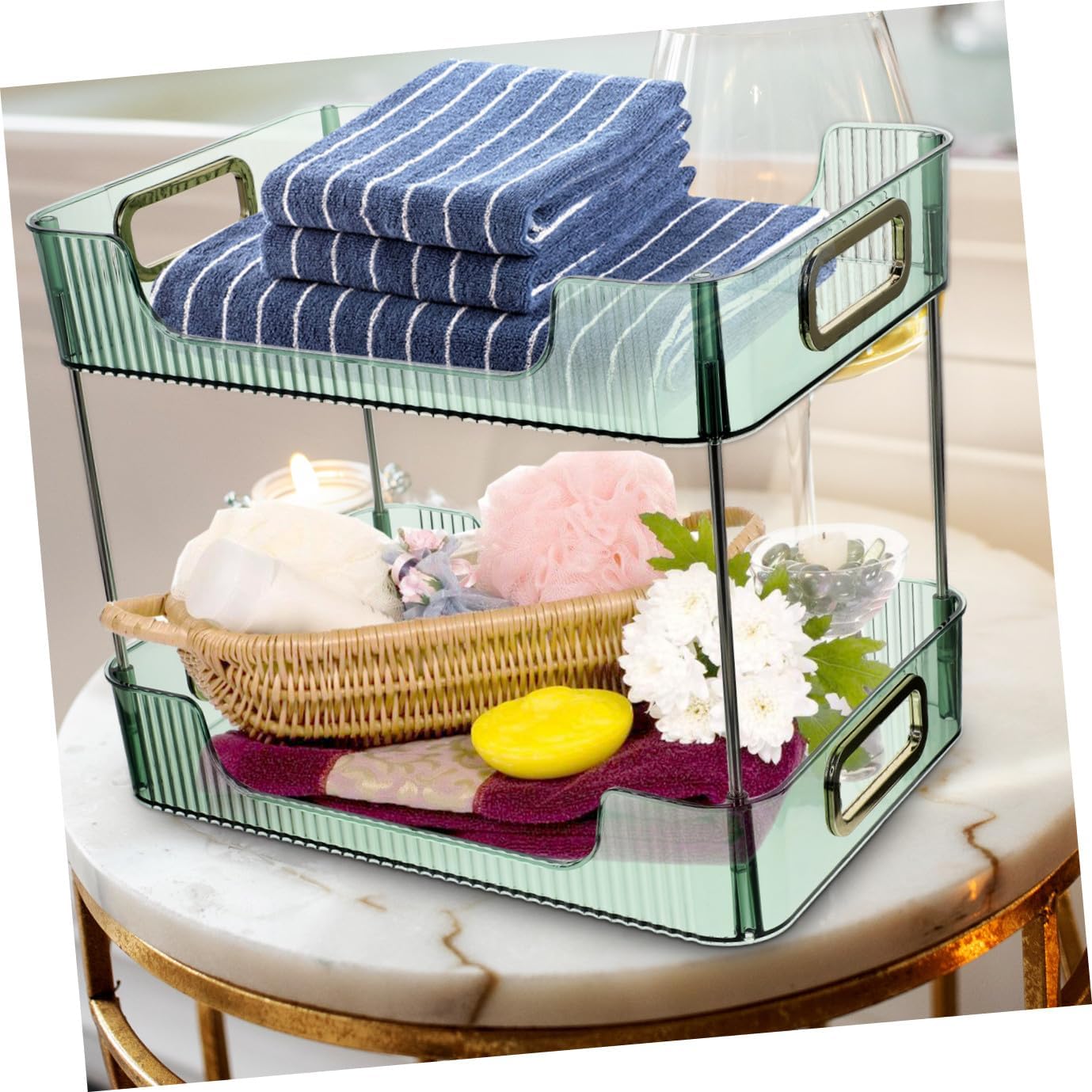 2-Tier Bathroom Counter Shelf Organizer Versatile Vanity Storage for Makeup and Toiletries Green Countertop Organizer for Bathroom and Dressing Table